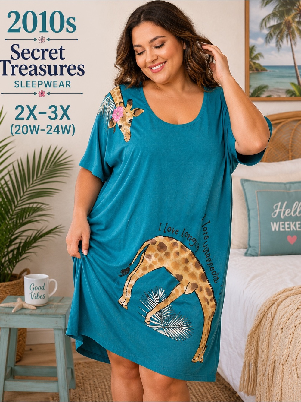 Secret Treasures 2X/3X Teal Giraffe Sleep Shirt I Love Long Weekends Plus